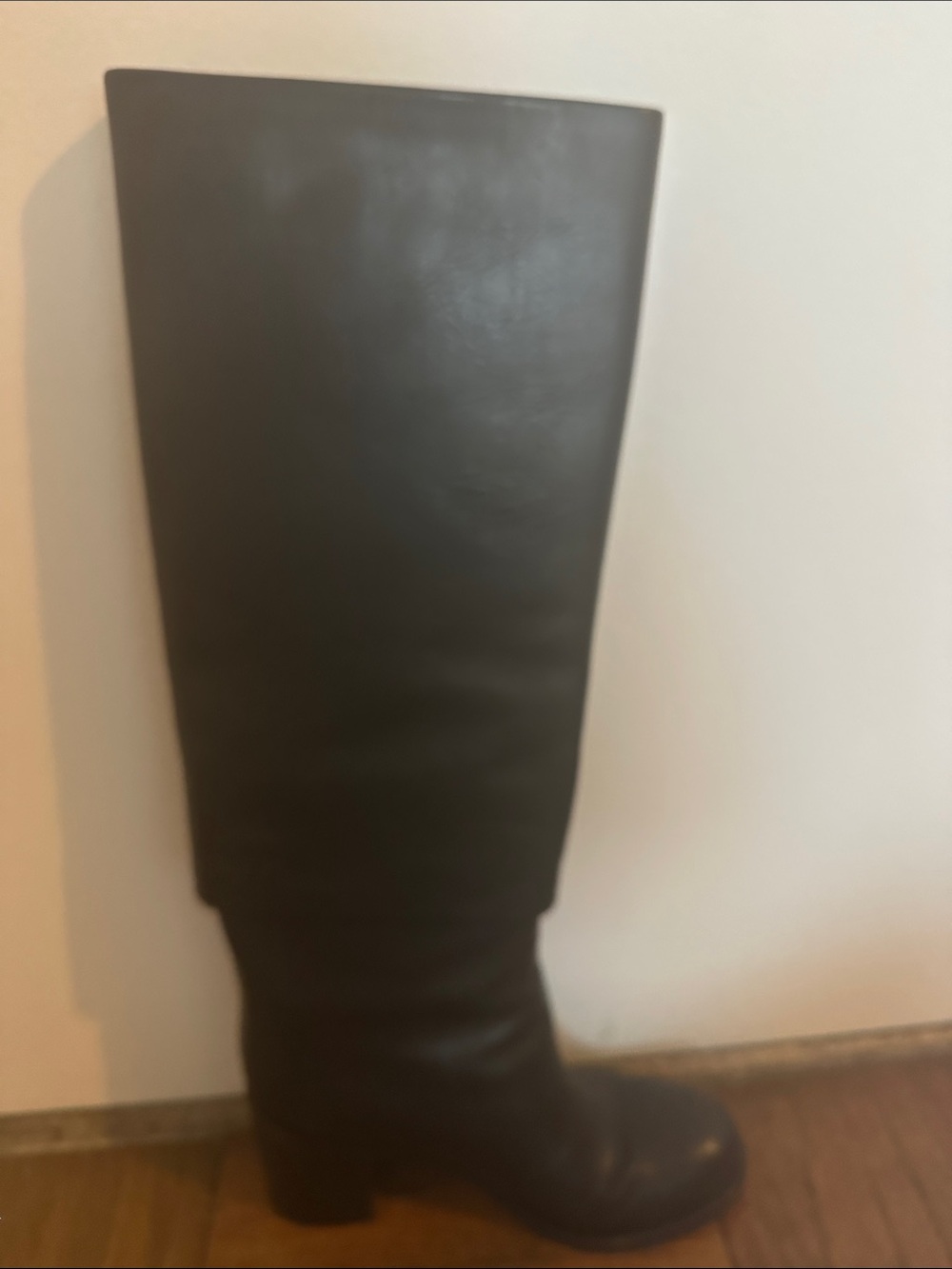 CHANEL Black Leather Knee-High Block Heel Boots